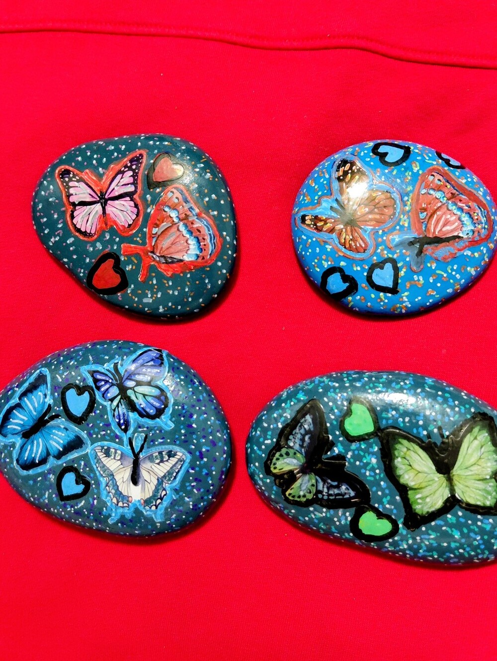 Hand-Painted Butterfly River Rocks - Colorful Blue & Teal Paint And Stickers